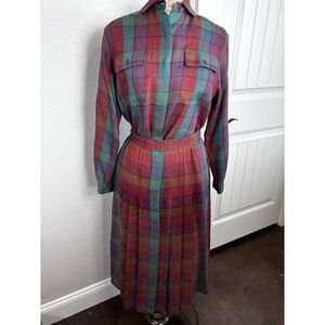 Vtg Kasper Wool Silk Blend Tartan Plaid Top & Pleated Skirt Set Top 6 Skirt 10